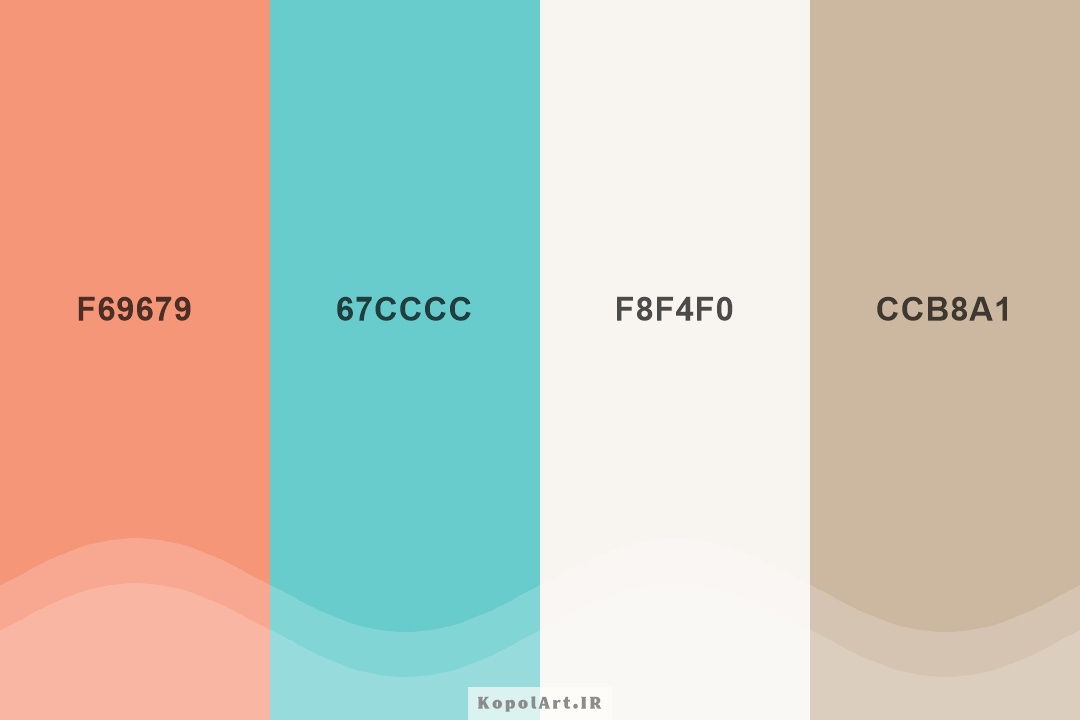 پالت رنگ پاستیلی رزگلد، آبی فیروزه‌ای روشن، قهوه‌ای شنی روشن و سفید شیری