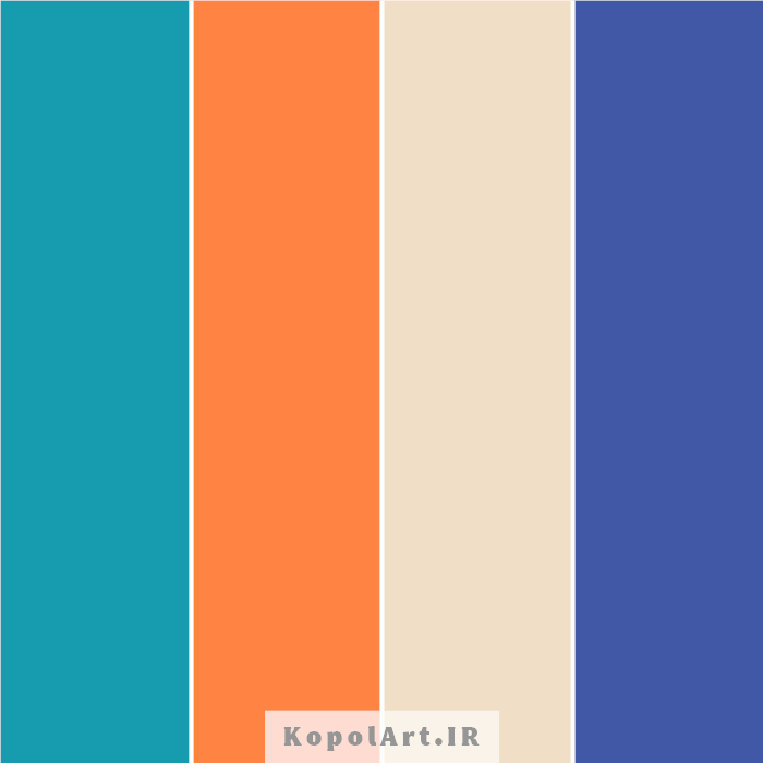 پالت رنگ فیروزه‌ای تیره، آبی فولادی، نارنجی و بژ