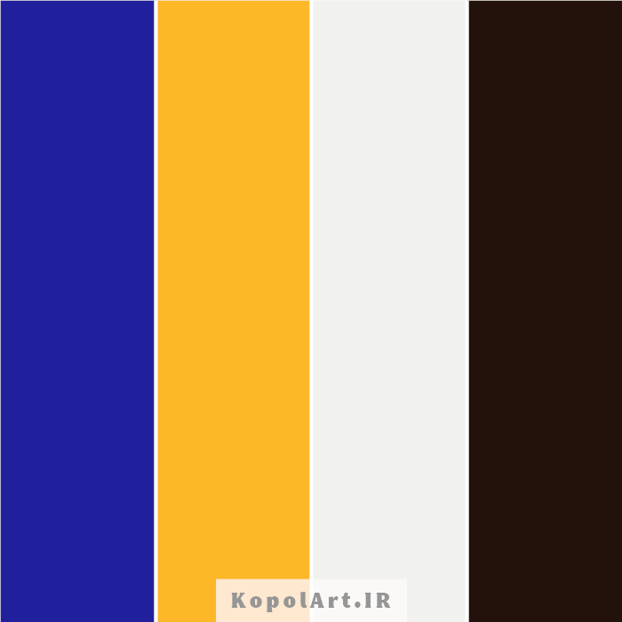 پالت رنگ آبی لاجوردی، زرد انبه‌ای (کهربایی)، سفید صدفی و قهوه‌ای اسپرسو