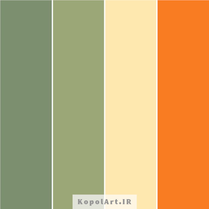 پالت رنگ تابستانی سبز پاستیلی (سبز مغز پسته‌ای یا مریم گلی)، نارنجی و زرد کره‌ای