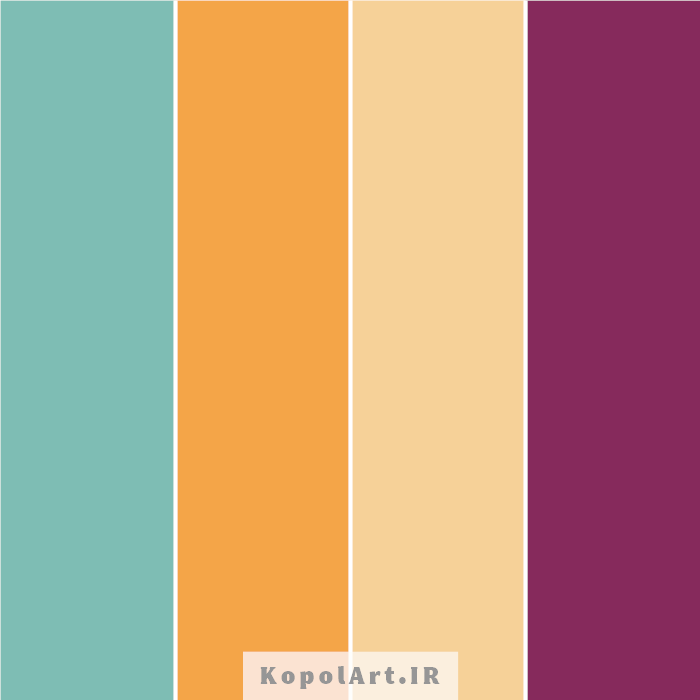 پالت رنگ سبز دودی، نارنجی و بنفش مخملی