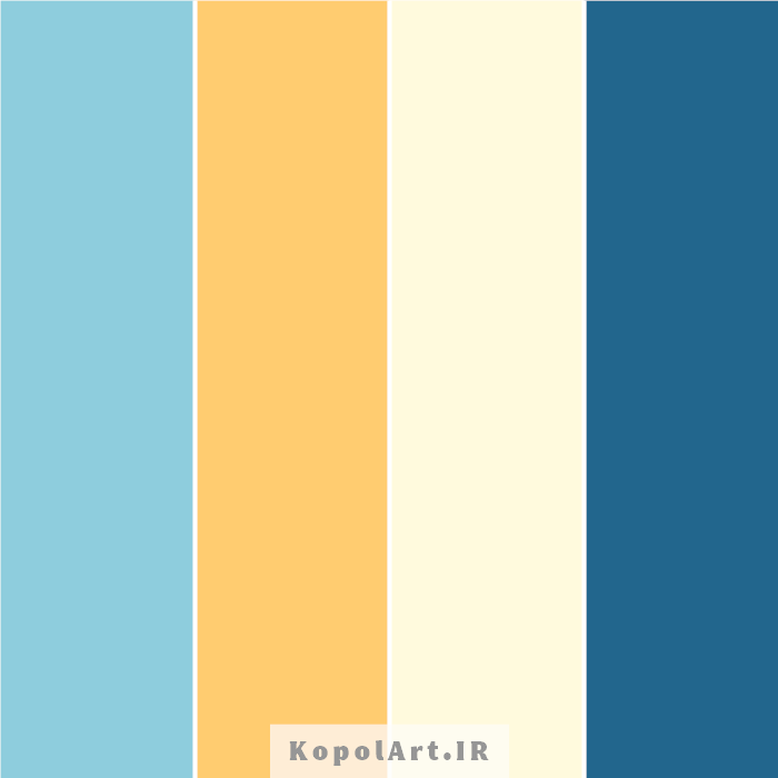 پالت رنگ آبی درباری،  آبی آسمانی و خردلی