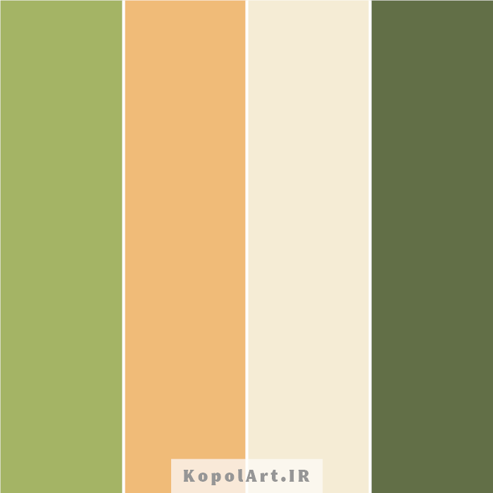 پالت رنگ هلویی مخملی، سبز خردلی، سبز پسته‌ای و سفید استخوانی