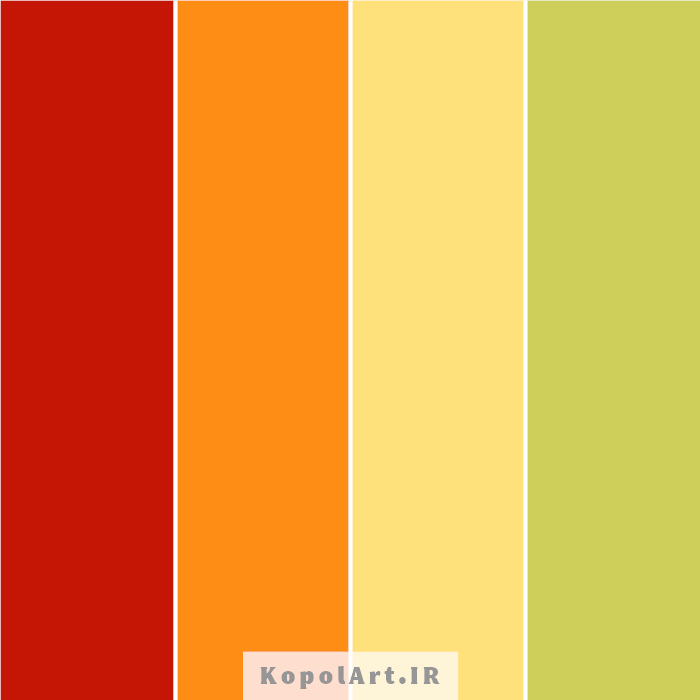 پالت رنگ قرمز وینستونی، نارنجی، زرد کم رنگ و سبز پسته ای