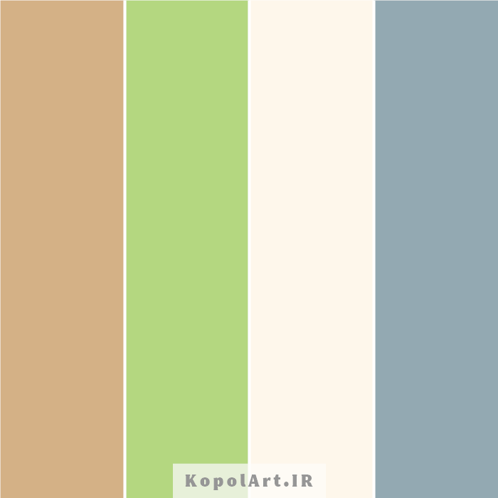 پالت رنگ سبز لیمویی روشن، شتری، آبی دودی و سفید عاجی روشن