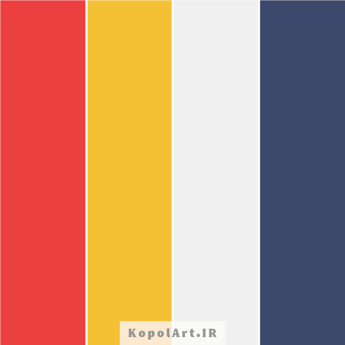 پالت رنگ قرمز گوجه ای، زرد کهربایی و آبی نفتی