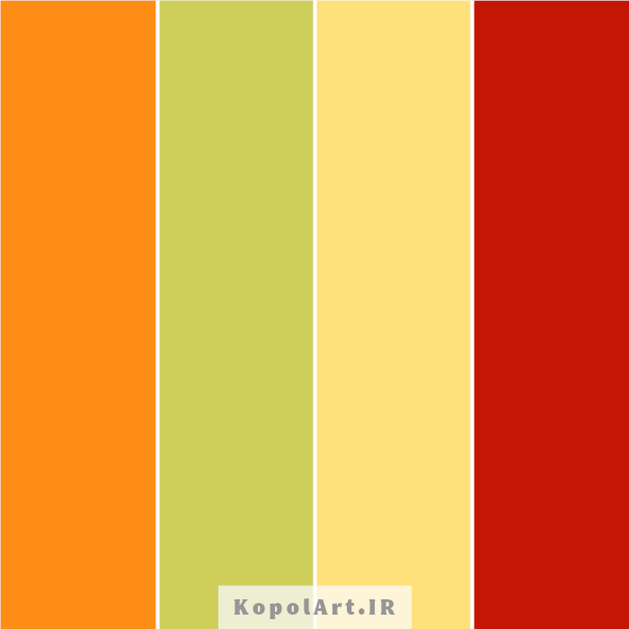 پالت رنگ قرمز وینستونی، نارنجی، زرد کم رنگ و سبز پسته ای