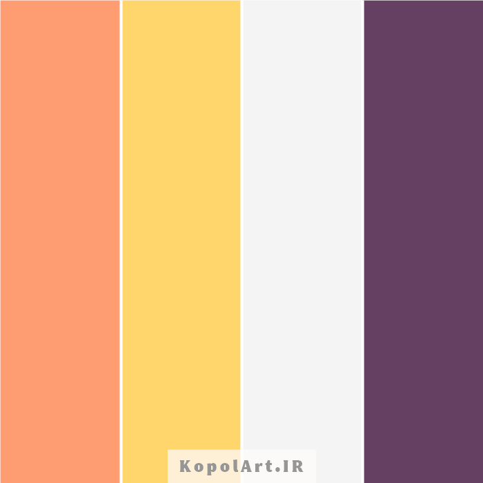 پالت رنگ نارنجی هلویی، بنفش بادمجانی، زرد کمرنگ و نقره ای