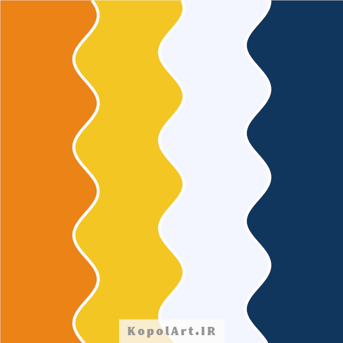 پالت رنگ زرد خردلی، نارنجی سیر، آبی سرمهای و خاکستری محو