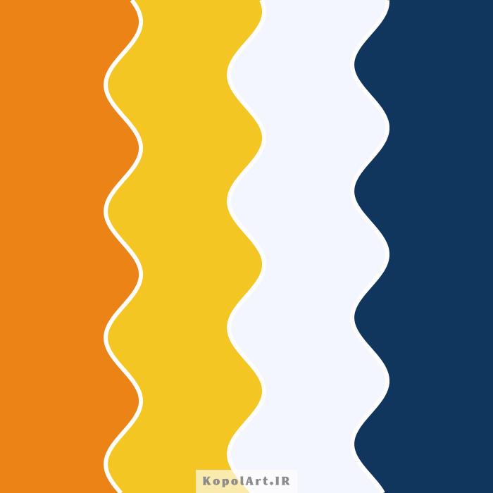 پالت رنگ زرد خردلی، نارنجی سیر، آبی سرمه‌ای و خاکستری محو