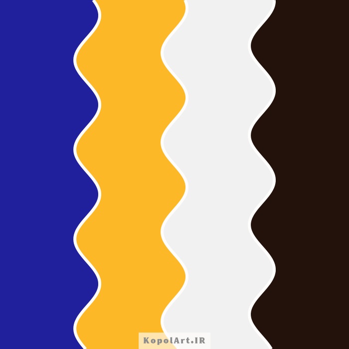 پالت رنگ آبی لاجوردی، زرد انبهای (کهربایی)، سفید صدفی و قهوهای اسپرسو