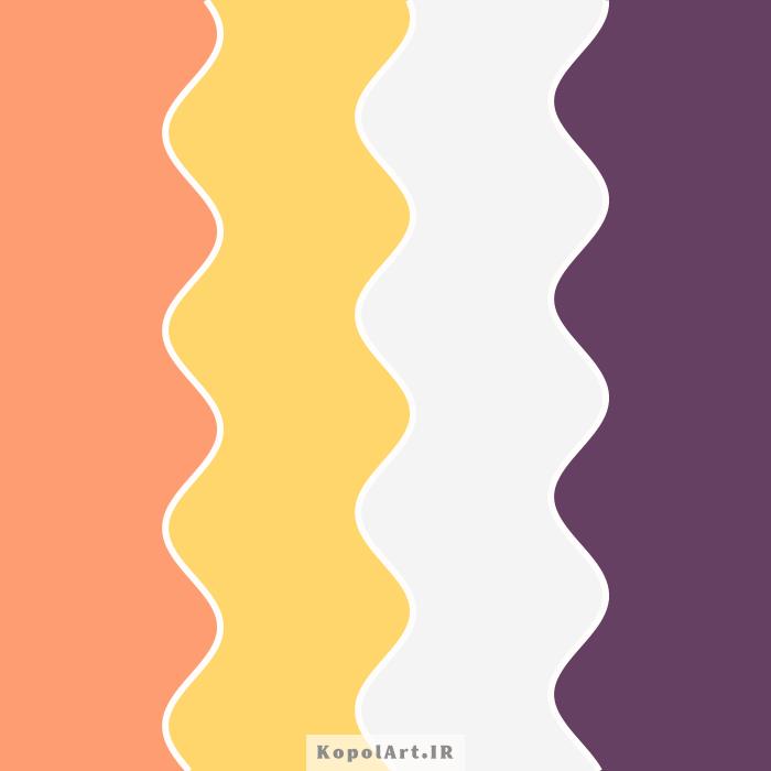 پالت رنگ نارنجی هلویی، بنفش بادمجانی، زرد کمرنگ و نقره ای