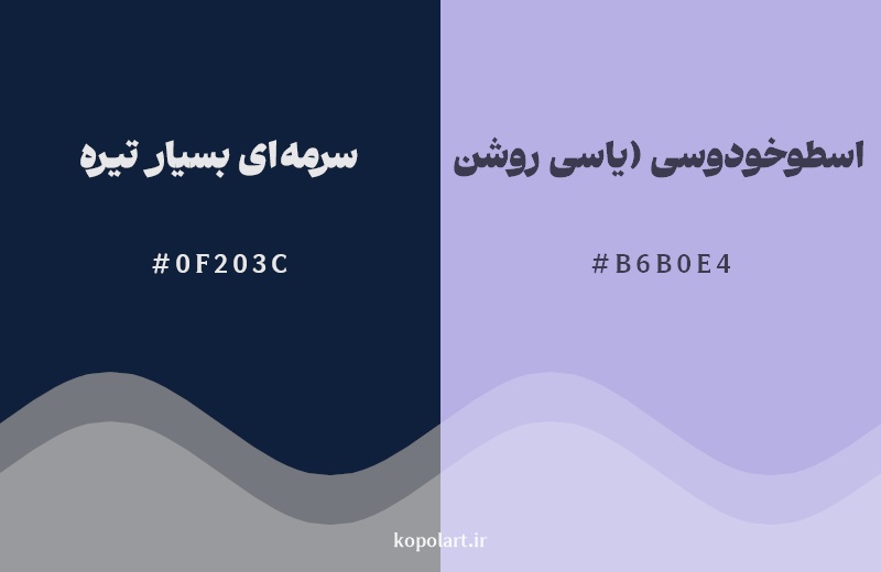 نمایش هارمونی رنگ سرمه‌ای بسیار تیره در کنار رنگ همسایه آن اسطوخودوسی (یاسی روشن)