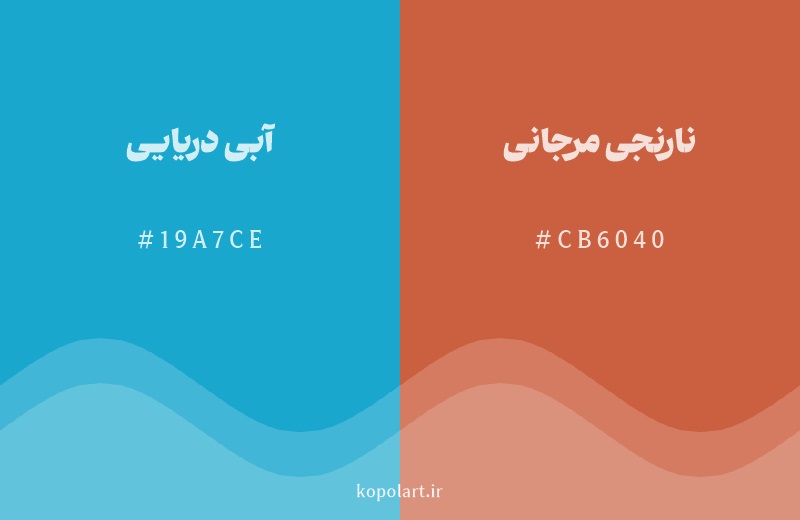 رنگ مکمل آبی دریایی با کد هگزادسیمال 19A7CE، رنگ نارنجی مرجانی با کد CB6040