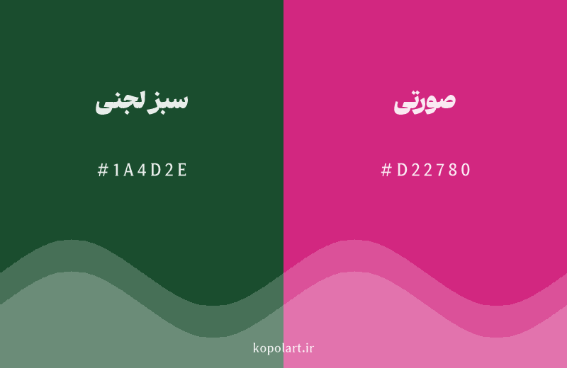 رنگ مکمل سبز لجنی با کد هگزادسیمال 1A4D2E، رنگ صورتی با کد D22780