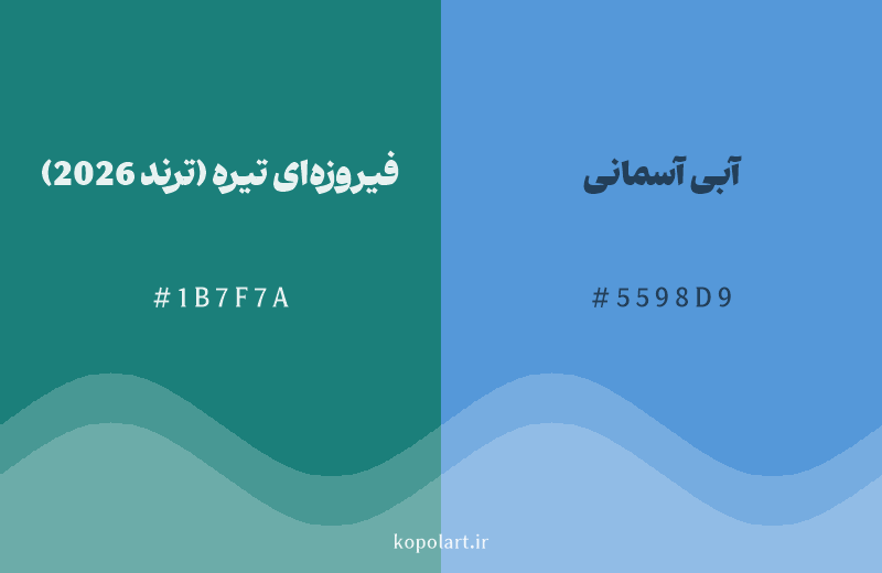 رنگ همسایه فیروزهای تیره (ترند 2026) با کد هگزادسیمال 1B7F7A، رنگ آبی آسمانی با کد 5598D9