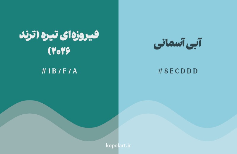 نمایش هارمونی رنگ فیروزه‌ای تیره (ترند 2026) در کنار رنگ همسایه آن آبی آسمانی