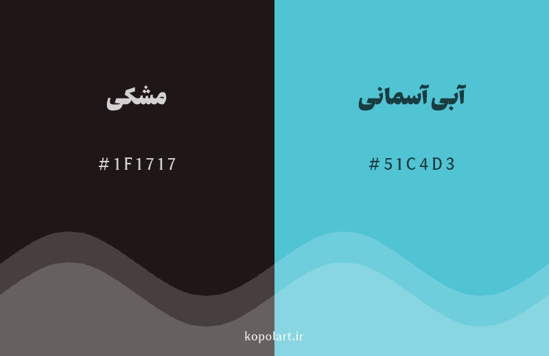 رنگ مکمل ‌مشکی با کد هگزادسیمال 1F1717، رنگ آبی آسمانی با کد 51C4D3