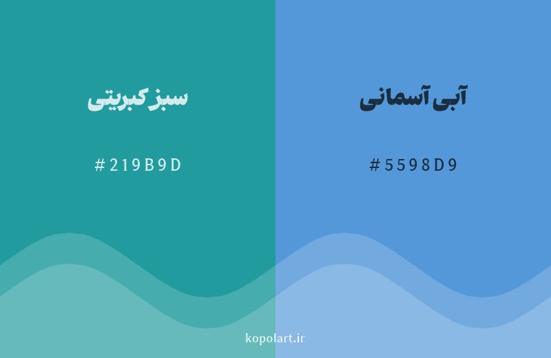 رنگ همسایه سبز کبریتی با کد هگزادسیمال 219B9D، رنگ آبی آسمانی با کد 5598D9