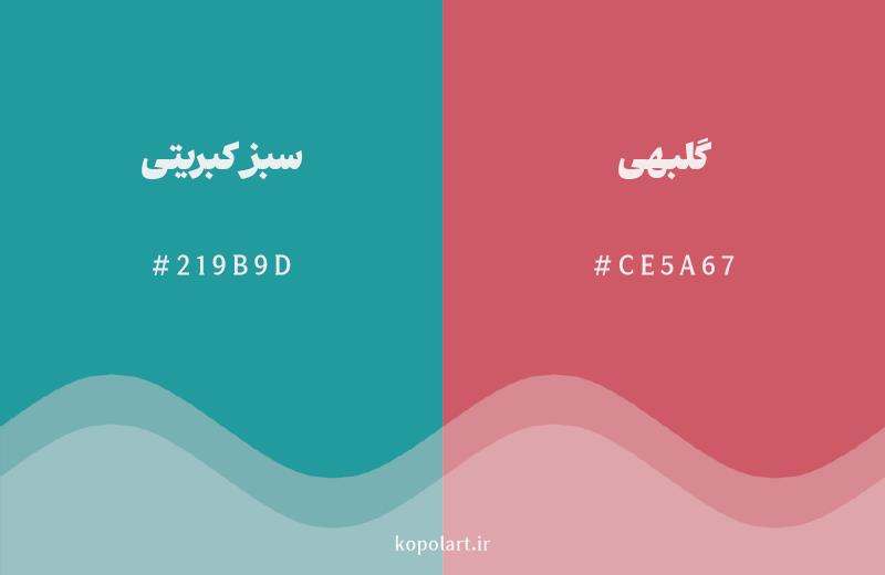 رنگ مکمل سبز کبریتی با کد هگزادسیمال 219B9D، رنگ گلبهی با کد CE5A67