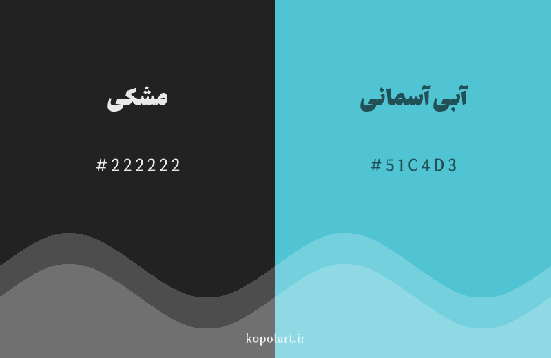 رنگ مکمل مشکی با کد هگزادسیمال 222222، رنگ آبی آسمانی با کد 51C4D3