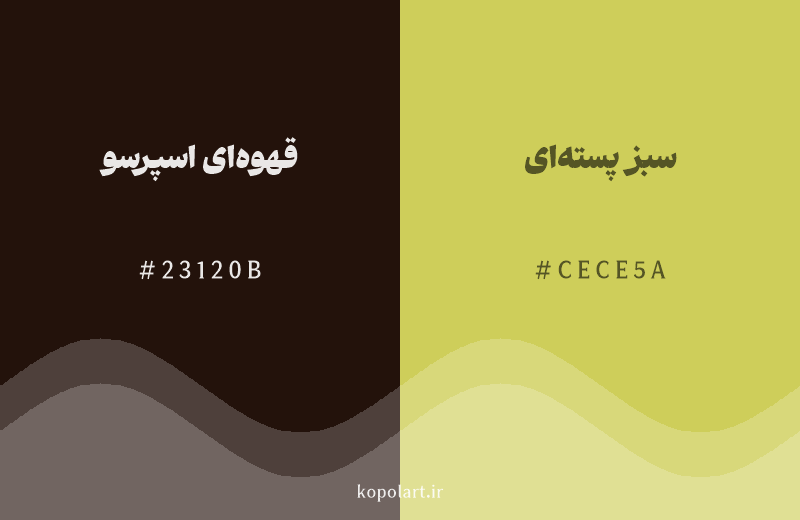 رنگ همسایه قهوه‌ای اسپرسو با کد هگزادسیمال 23120B، رنگ سبز پسته‌ای با کد CECE5A