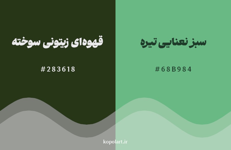 نمایش هارمونی رنگ قهوه‌ای زیتونی سوخته در کنار رنگ همسایه آن سبز نعنایی تیره