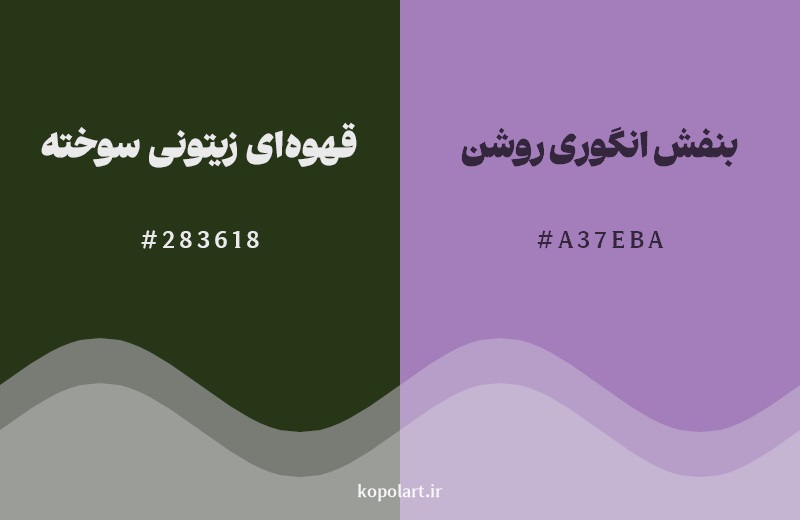 ترکیب رنگ قهوه‌ای زیتونی سوخته در کنار رنگ مکمل آن بنفش انگوری روشن