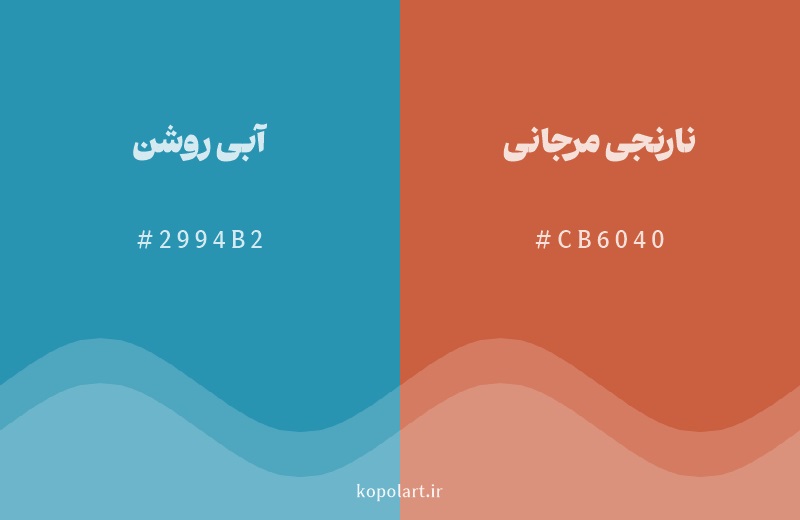 رنگ مکمل آبی روشن با کد هگزادسیمال 2994B2، رنگ نارنجی مرجانی با کد CB6040