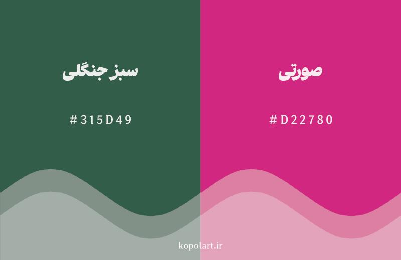 رنگ مکمل سبز جنگلی با کد هگزادسیمال 315D49، رنگ صورتی با کد D22780