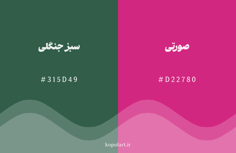 رنگ مکمل سبز جنگلی با کد هگزادسیمال 315D49، رنگ صورتی با کد D22780
