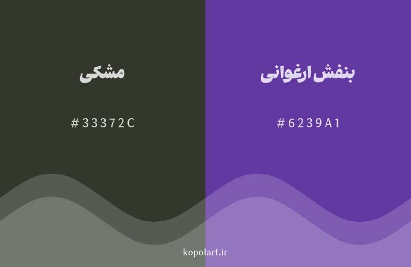 رنگ مکمل مشکی با کد هگزادسیمال 33372C، رنگ بنفش ارغوانی با کد 6239A1