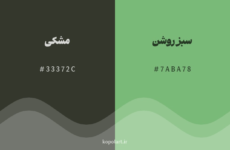 رنگ همسایه مشکی با کد هگزادسیمال 33372C، رنگ سبز روشن با کد 7ABA78