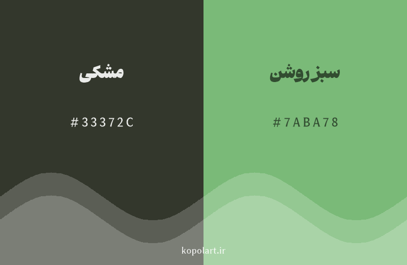 رنگ همسایه مشکی با کد هگزادسیمال 33372C، رنگ سبز روشن با کد 7ABA78