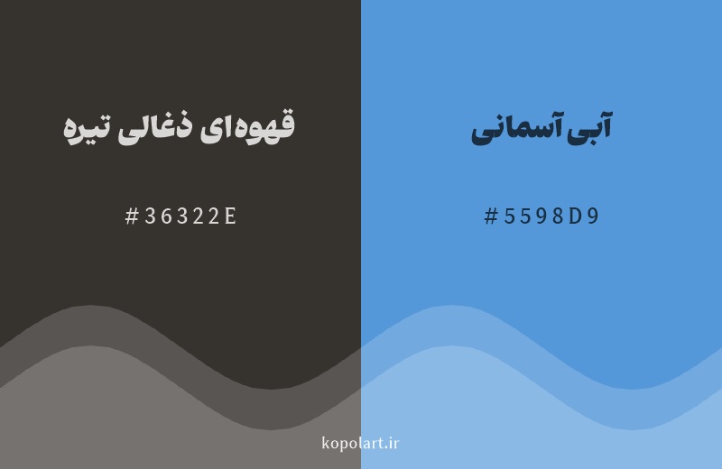 رنگ مکمل قهوه‌ای ذغالی تیره با کد هگزادسیمال 36322E، رنگ آبی آسمانی با کد 5598D9