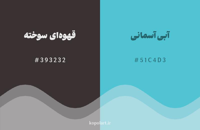 رنگ مکمل قهوهای سوخته با کد هگزادسیمال 393232، رنگ آبی آسمانی با کد 51C4D3