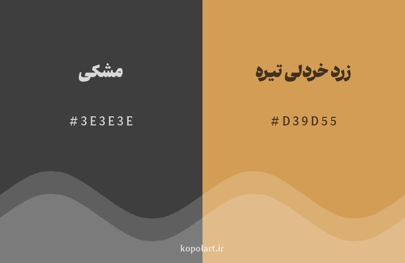 رنگ همسایه مشکی با کد هگزادسیمال 3E3E3E، رنگ زرد خردلی تیره با کد D39D55