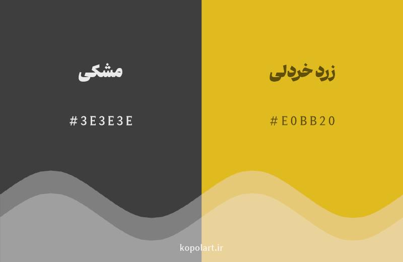 رنگ همسایه مشکی با کد هگزادسیمال 3E3E3E، رنگ زرد خردلی با کد E0BB20