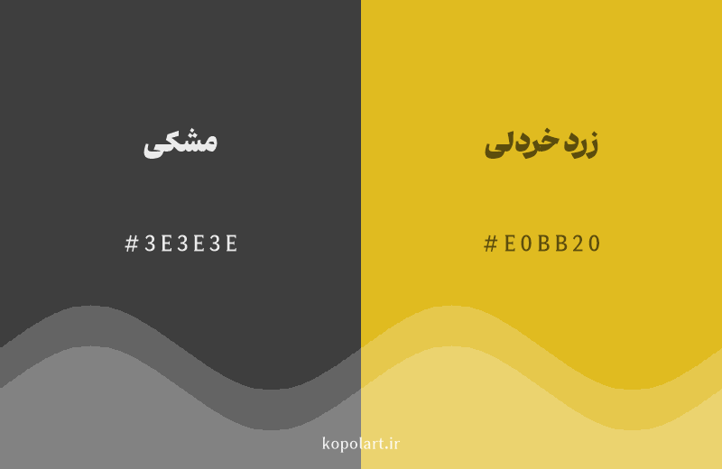 رنگ همسایه مشکی با کد هگزادسیمال 3E3E3E، رنگ زرد خردلی با کد E0BB20