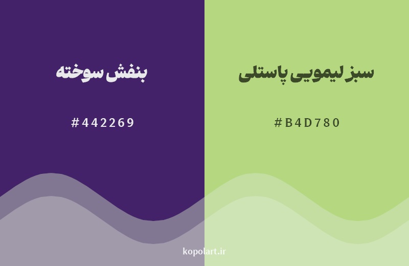رکیب رنگ بنفش سوخته در کنار رنگ مکمل آن سبز لیمویی پاستلی