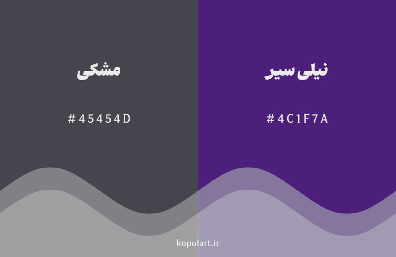 رنگ همسایه مشکی با کد هگزادسیمال 45454D، رنگ نیلی سیر با کد 4C1F7A