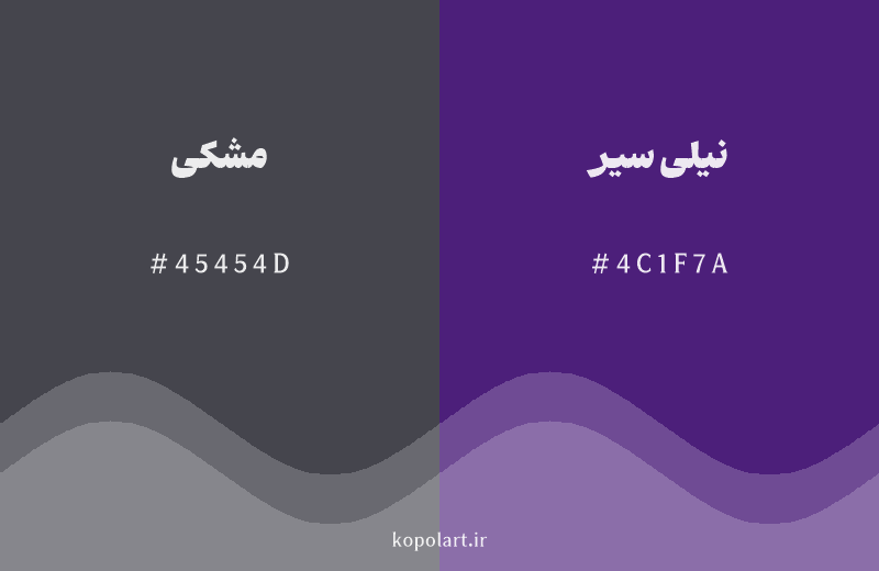 رنگ همسایه مشکی با کد هگزادسیمال 45454D، رنگ نیلی سیر با کد 4C1F7A