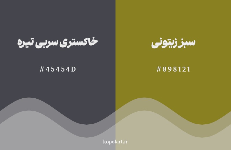 ترکیب رنگ خاکستری سربی تیره در کنار رنگ مکمل آن سبز زیتونی