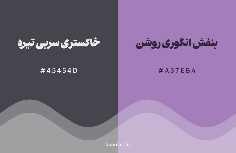 نمایش هارمونی رنگ خاکستری سربی تیره در کنار رنگ همسایه آن بنفش انگوری روشن