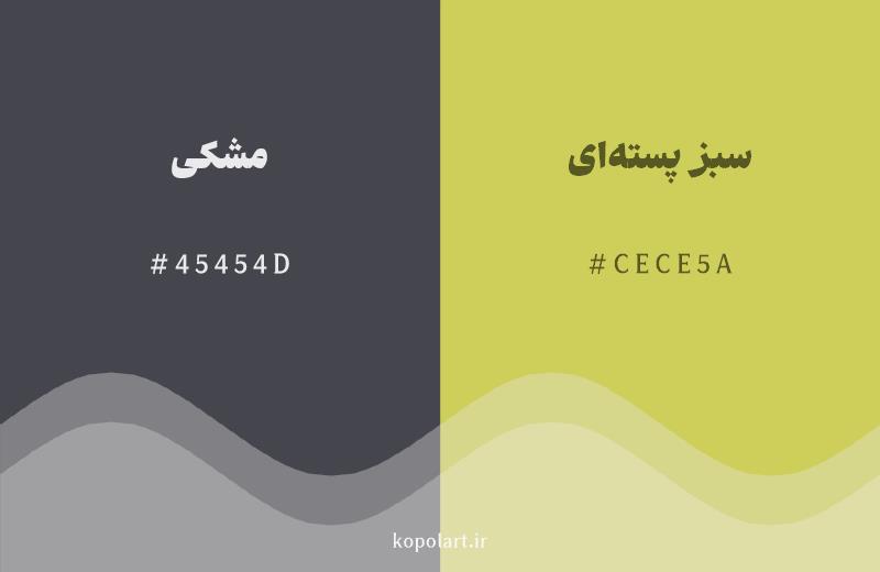 رنگ مکمل مشکی با کد هگزادسیمال 45454D، رنگ سبز پستهای با کد CECE5A