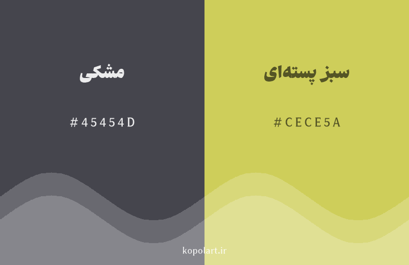 رنگ مکمل مشکی با کد هگزادسیمال 45454D، رنگ سبز پستهای با کد CECE5A