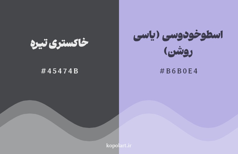 نمایش هارمونی رنگ خاکستری تیره در کنار رنگ همسایه آن اسطوخودوسی (یاسی روشن)