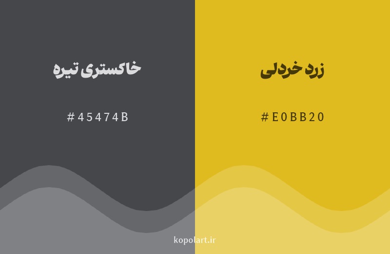 رنگ مکمل خاکستری تیره با کد هگزادسیمال 45474B، رنگ زرد خردلی با کد E0BB20