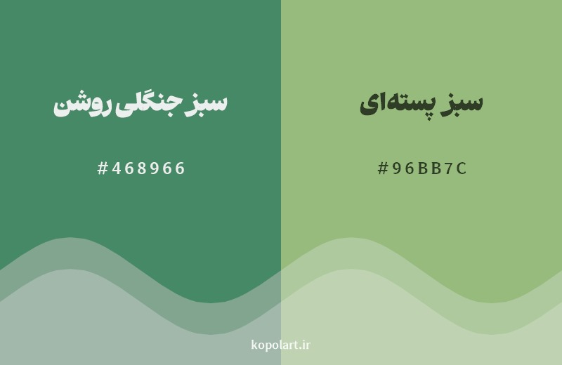 نمایش هارمونی رنگ سبز جنگلی روشن در کنار رنگ همسایه آن سبز پستهای
