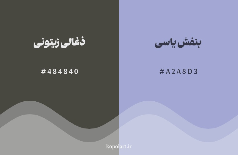 رکیب رنگ ذغالی زیتونی در کنار رنگ مکمل آن بنفش یاسی
